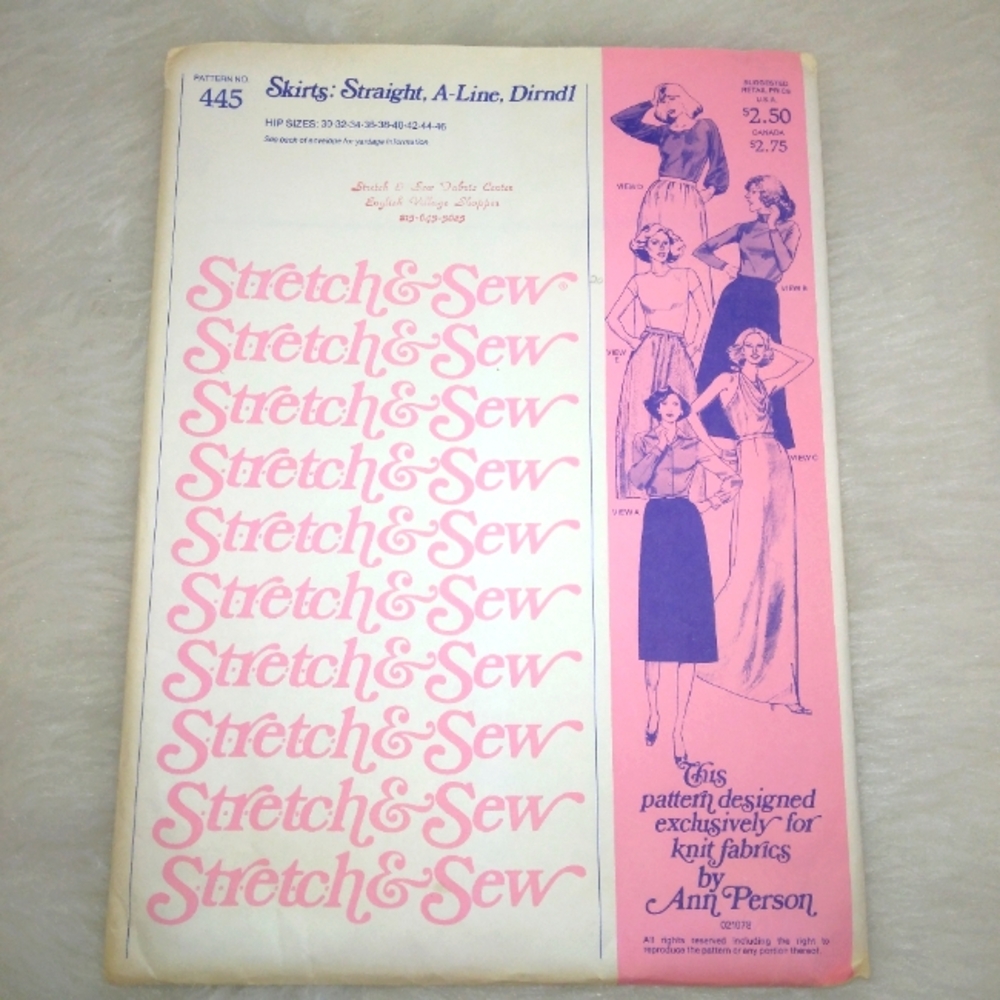 STRETCH & SEW 445 Misses Straight, A-Line, Drindl Skirts, Hip Size 30-46